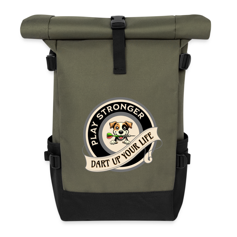 Darts-Rolltop-Rucksack Motiv "Play Stronger" - Olive/Schwarz