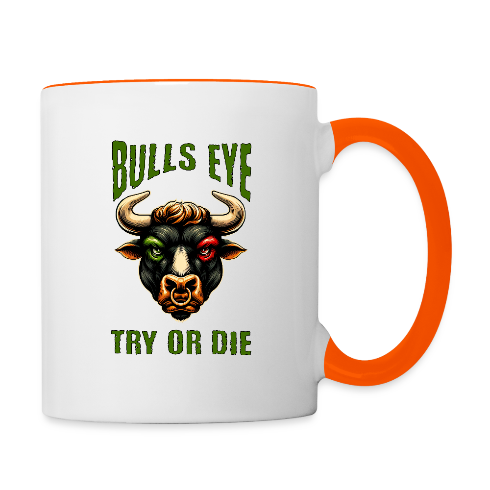 Darts-Tasse zweifarbig Motiv "Try or Die" - Weiß/Orange