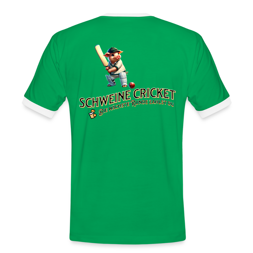 Kontrast-Darts T-Shirt fuer Maenner: Motiv Schweine Cricket (Druck hinten) - Kelly Green/Weiß