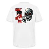 Bio-Darts T-Shirt fuer maenner mit V-Ausschnitt Motiv "Only God" (Druck hinten) - Weiß