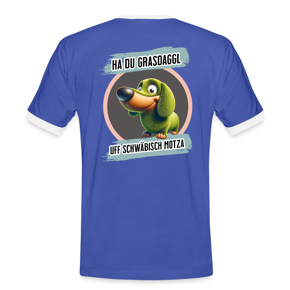 Kontrast Fun T-Shirt fuer Maenner Motiv "Ha du Grasdaggl" (Druck hinten) - Blau/Weiß