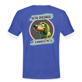 Kontrast Fun T-Shirt fuer Maenner Motiv "Ha du Grasdaggl" (Druck hinten) - Blau/Weiß