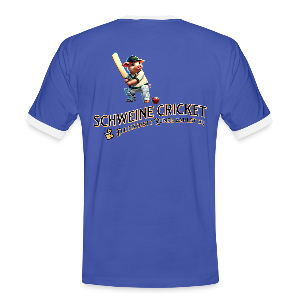 Kontrast-Darts T-Shirt fuer Maenner: Motiv Schweine Cricket (Druck hinten) - Blau/Weiß