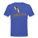 Kontrast-Darts T-Shirt fuer Maenner: Motiv Schweine Cricket (Druck hinten) - Blau/Weiß