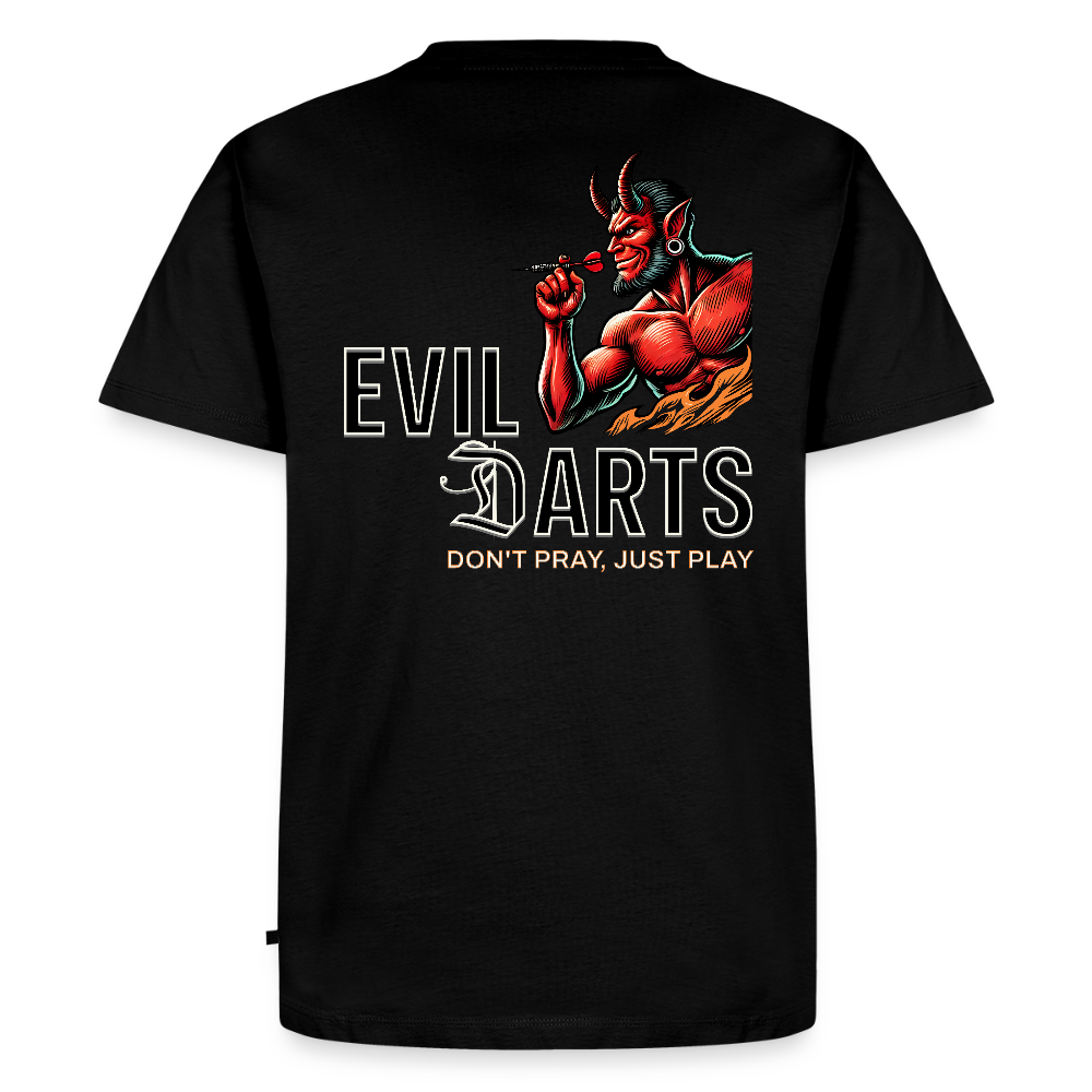 Premium Darts-T-Shirt fuer Maenner Motiv "Don't Pray" (Druck hinten dunkel) - Schwarz