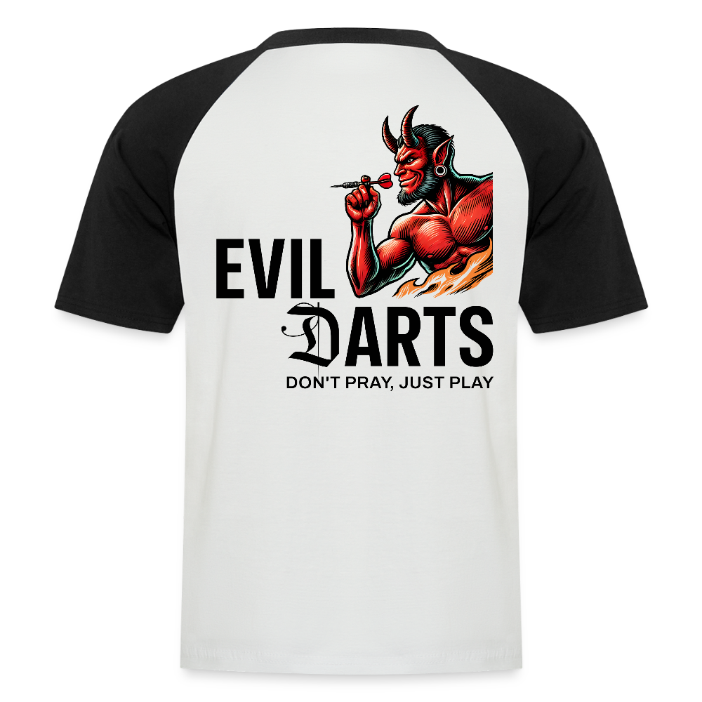 Baseball Darts-T-Shirt fuer Maenner Motiv "Don't Pray" (Druck hinten) - Weiß/Schwarz