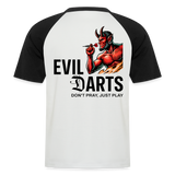 Baseball Darts-T-Shirt fuer Maenner Motiv "Don't Pray" (Druck hinten) - Weiß/Schwarz