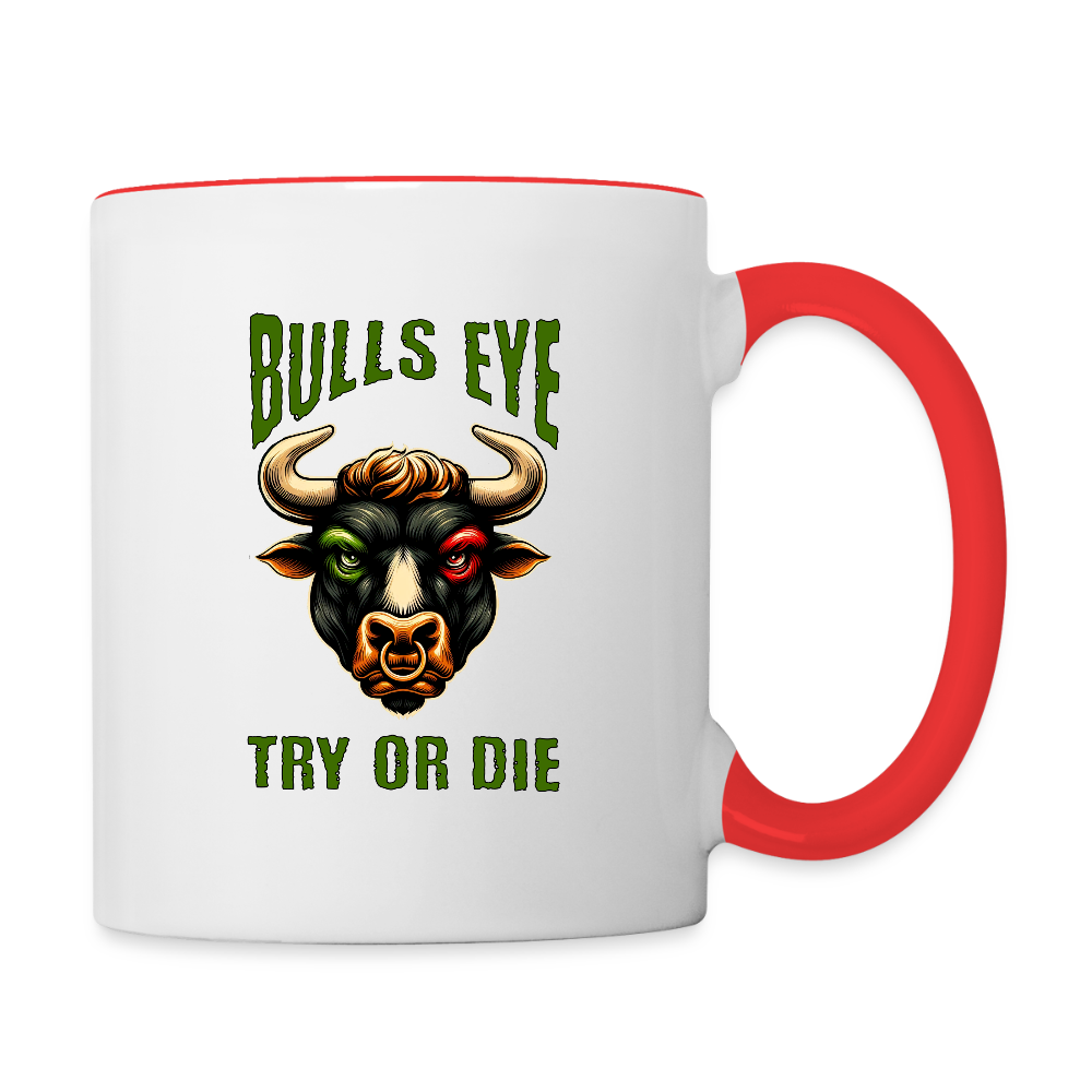 Darts-Tasse zweifarbig Motiv "Try or Die" - Weiß/Rot