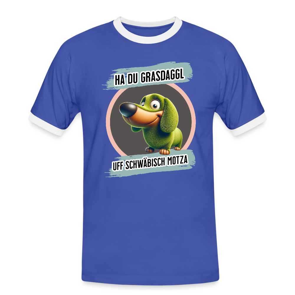 Kontrast Fun T-Shirt Motiv "Ha du Grasdaggl" (Druck vorne) - Blau/Weiß