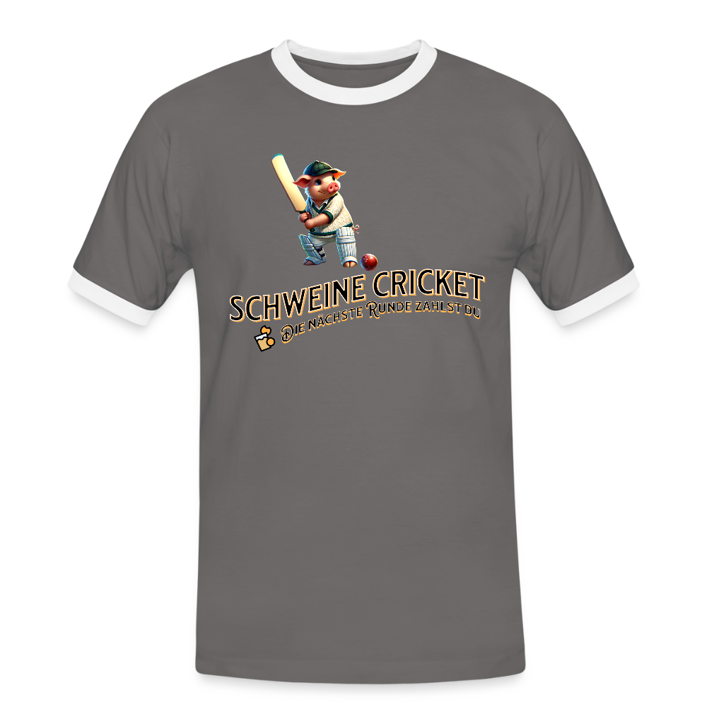 Kontrast-Darts T-Shirt fuer Maenner: Motiv Schweine Cricket (Druck vorne) - Dunkelgrau/Weiß