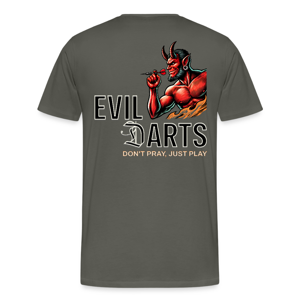 Premium Darts-T-Shirt fuer Maenner Motiv "Don't Pray" (Druck hinten dunkel) - Asphalt