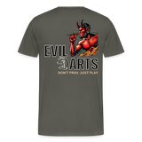 Premium Darts-T-Shirt fuer Maenner Motiv "Don't Pray" (Druck hinten dunkel) - Asphalt