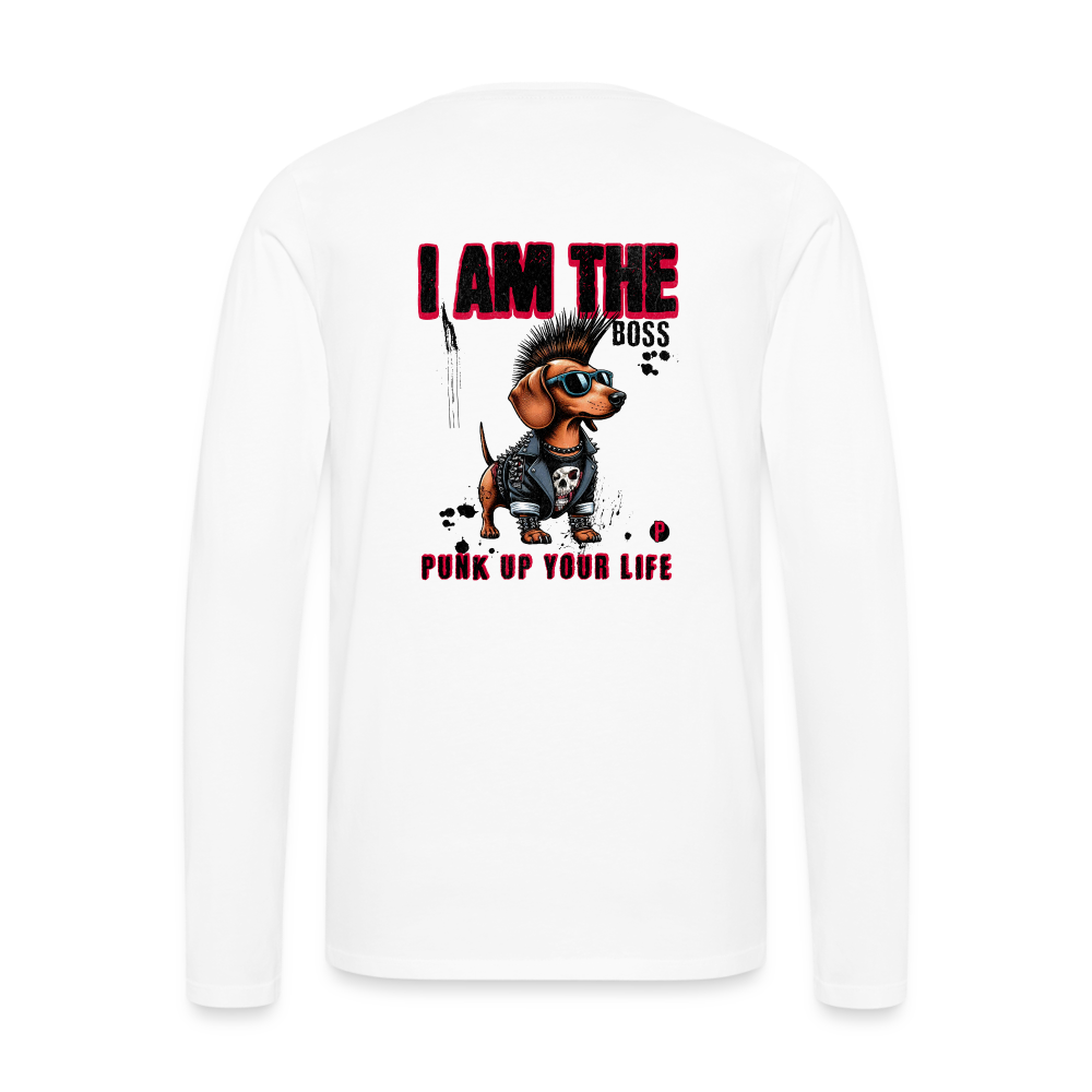 Premium Langarmshirt Motiv Punkdackel (Druck hinten, vier Farben, bis 5XL) - Weiß
