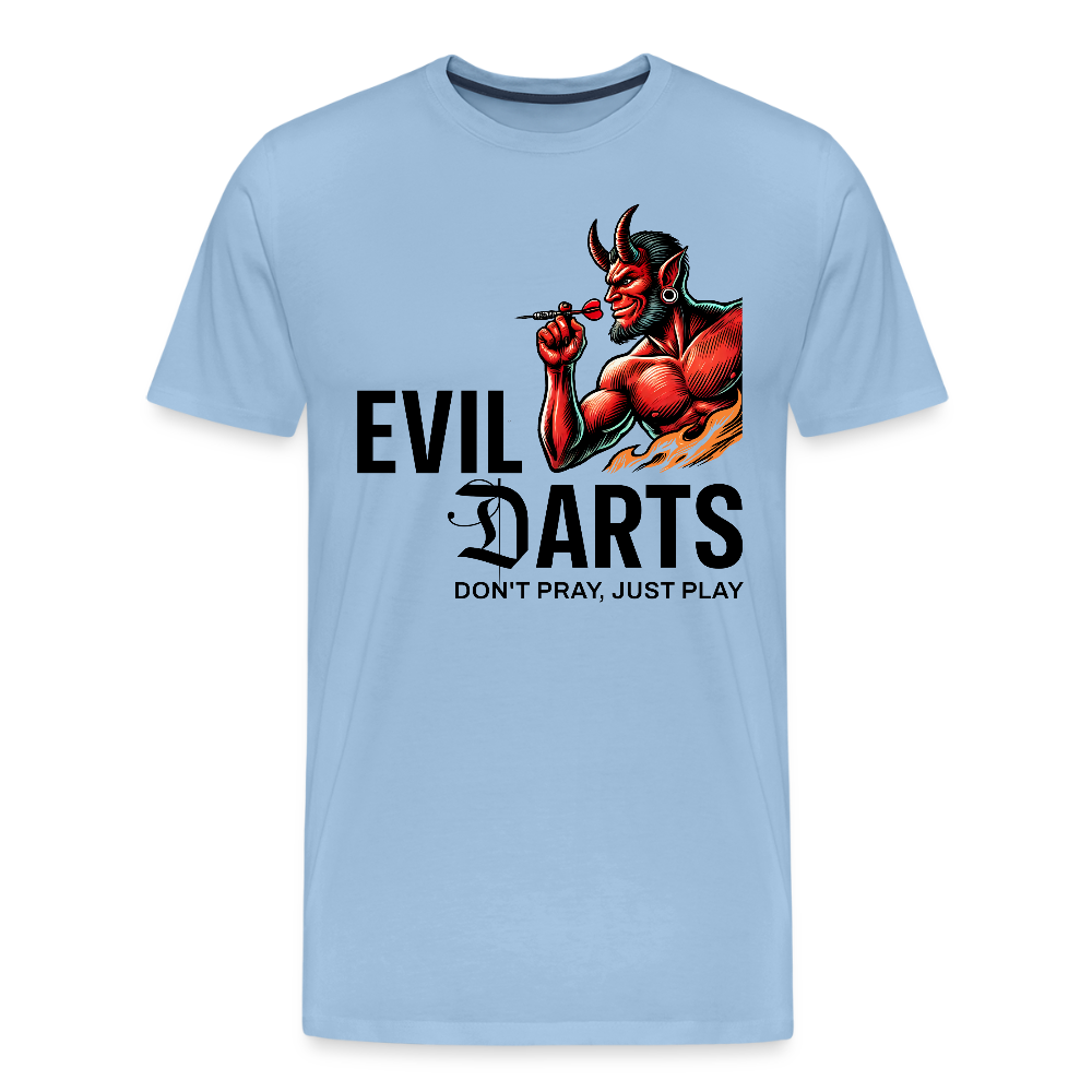 Premium Darts-T-Shirt fuer Maenner Motiv "Don't Pray" (Druck vorne hell) - Sky