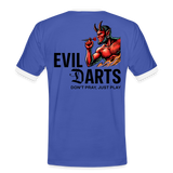 Kontrast Darts-T-Shirt fuer Maenner Motiv "Don't Pray" (Druck hinten) - Blau/Weiß