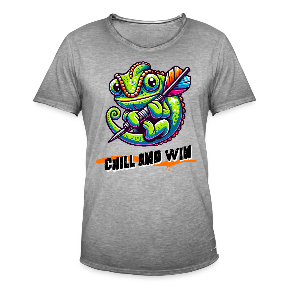 Vintage Darts-T-Shirt Motiv "Chill and Win" (Druck vorne) - Vintage Grau