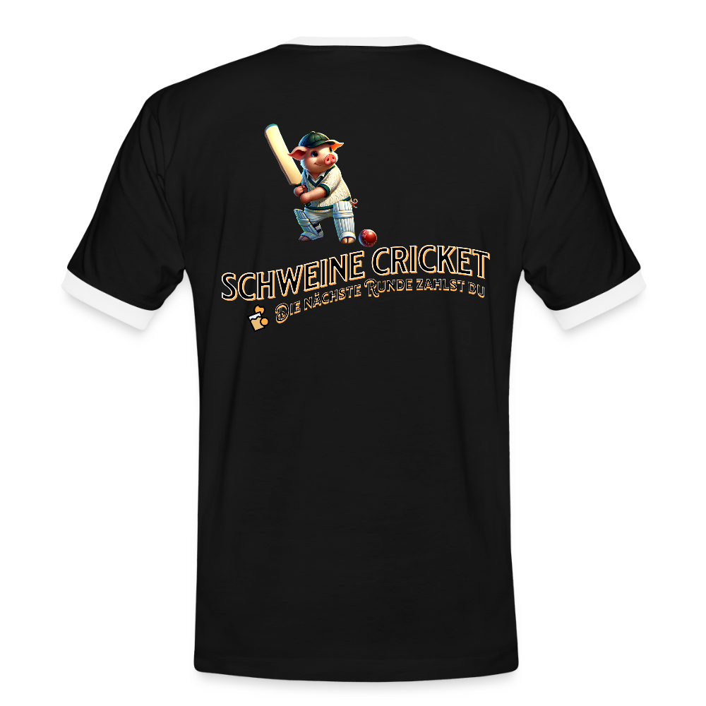 Kontrast-Darts T-Shirt fuer Maenner: Motiv Schweine Cricket (Druck hinten) - Schwarz/Weiß