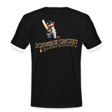 Kontrast-Darts T-Shirt fuer Maenner: Motiv Schweine Cricket (Druck hinten) - Schwarz/Weiß