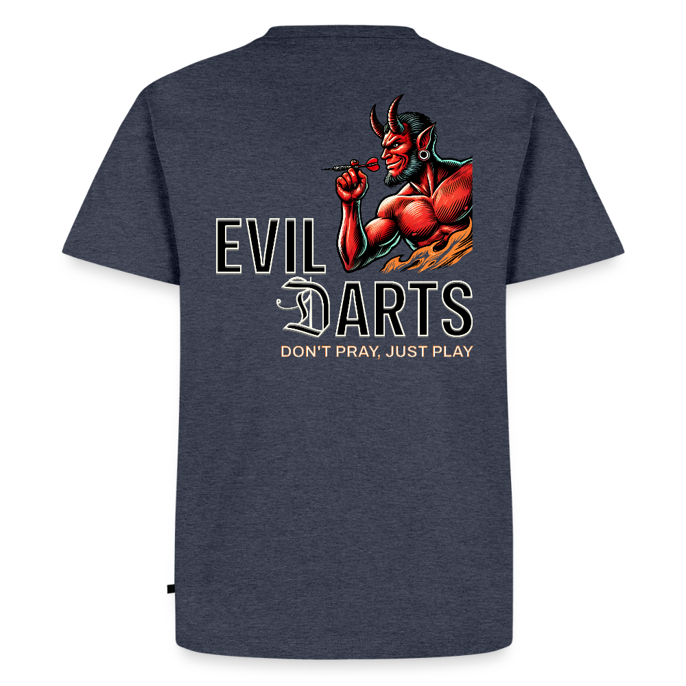 Premium Darts-T-Shirt fuer Maenner Motiv "Don't Pray" (Druck hinten dunkel) - Jeansblau 