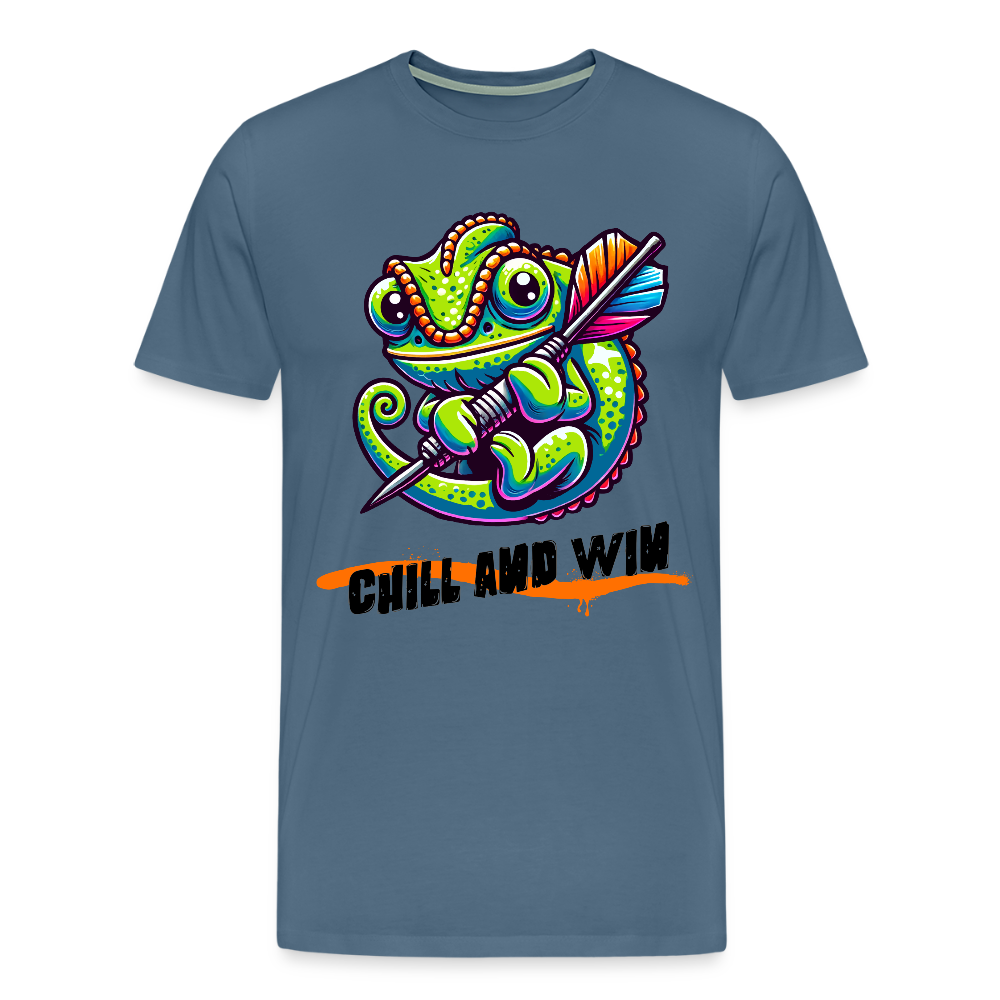 Gildan Heavy Darts-T-Shirt fuer Maenner Motiv "Chill and Win" (Druck vorne) - Blaugrau