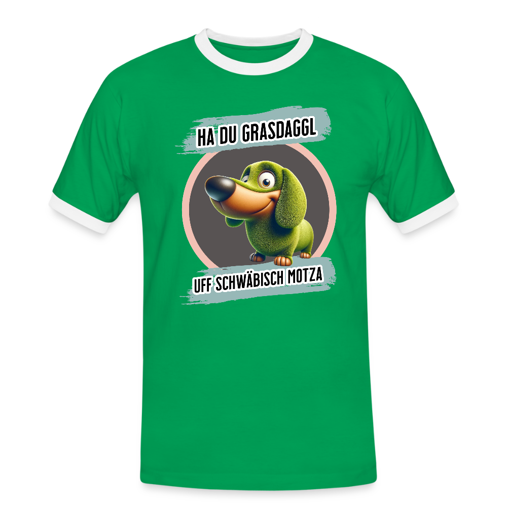 Kontrast Fun T-Shirt Motiv "Ha du Grasdaggl" (Druck vorne) - Kelly Green/Weiß