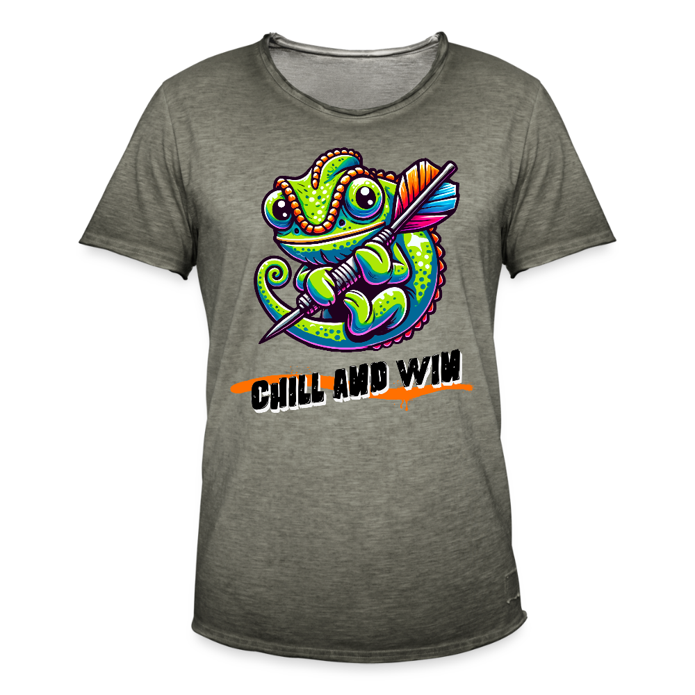 Vintage Darts-T-Shirt Motiv "Chill and Win" (Druck vorne) - Vintage Khaki