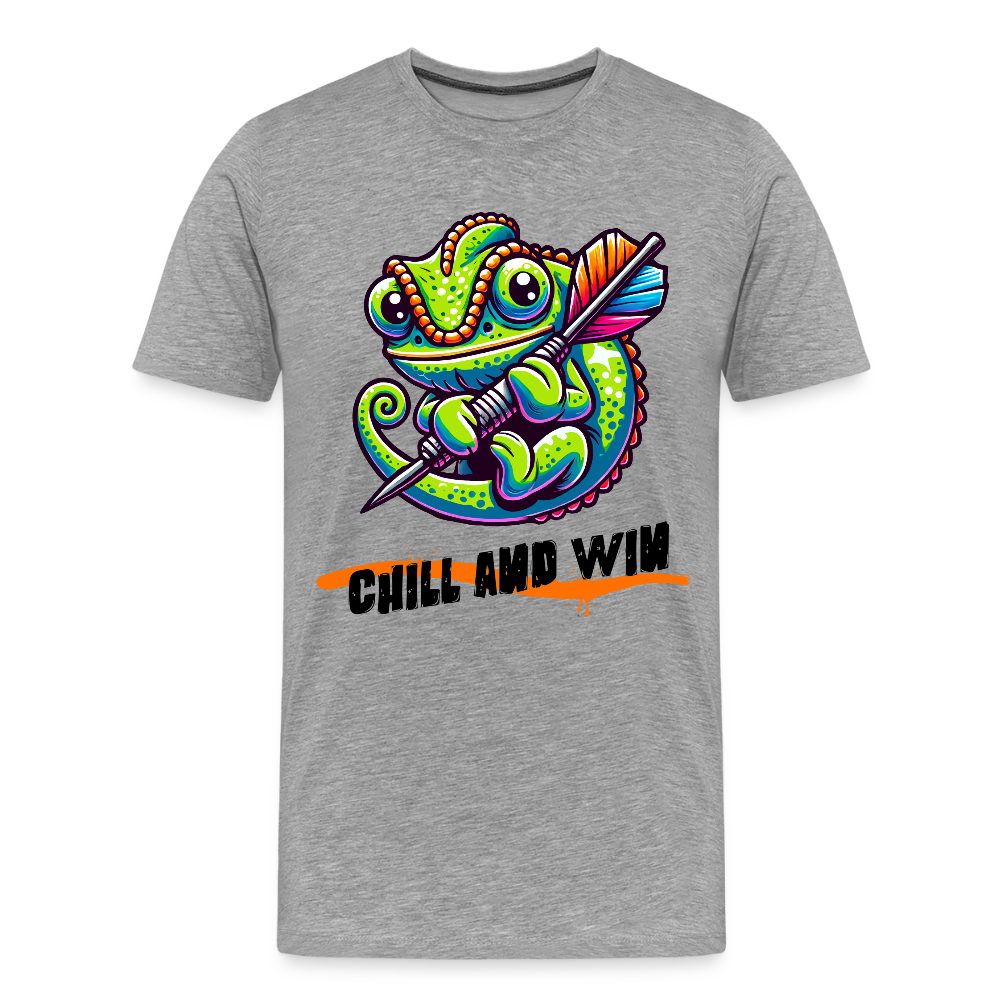 Gildan Heavy Darts-T-Shirt fuer Maenner Motiv "Chill and Win" (Druck vorne) - Grau meliert