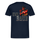 Premium Darts-T-Shirt fuer Maenner Motiv "Don't Pray" (Druck hinten dunkel) - Navy