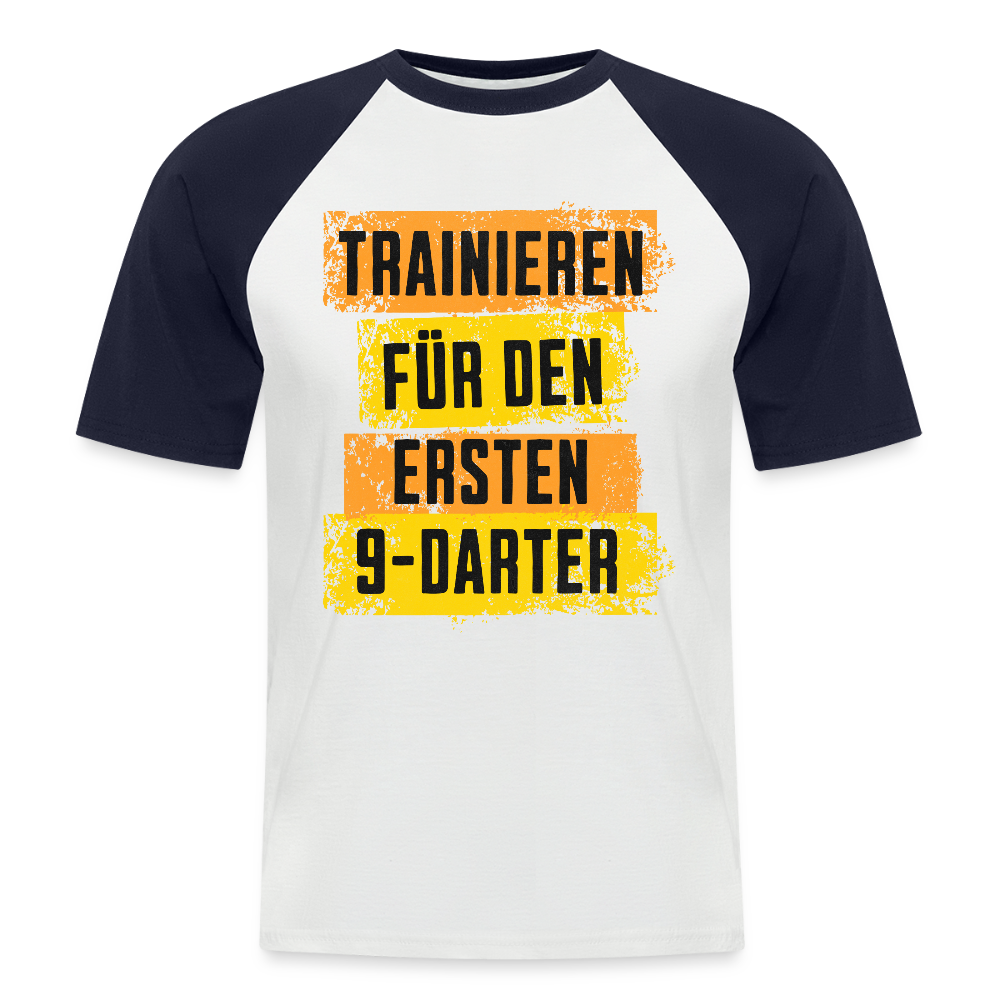 Baseball Darts-T-Shirt Motiv "9-Darter" (Druck vorne) - Weiß/Navy