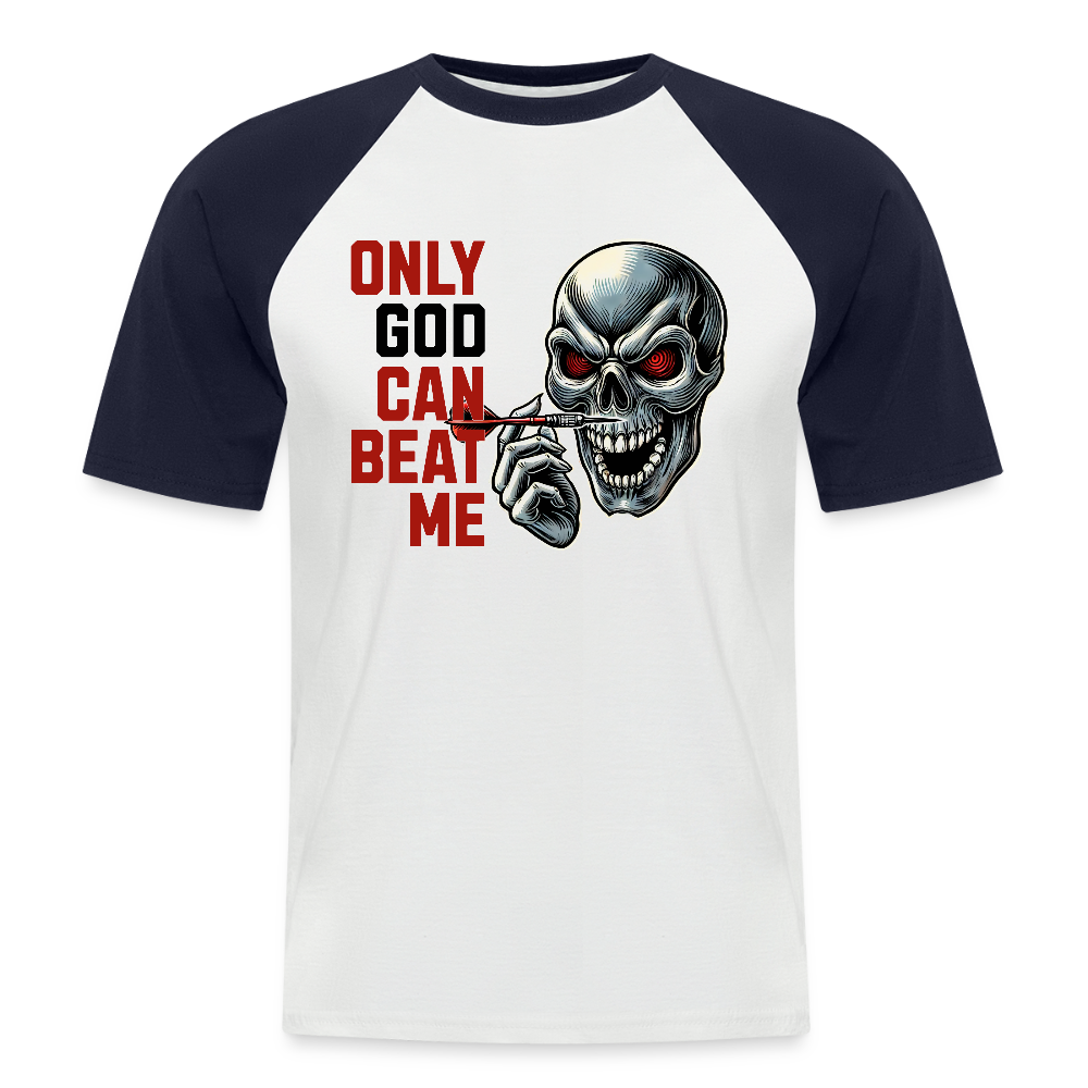 Baseball Darts-T-Shirt fuer Maenner "Motiv Only God" (Druck vorne) - Weiß/Navy