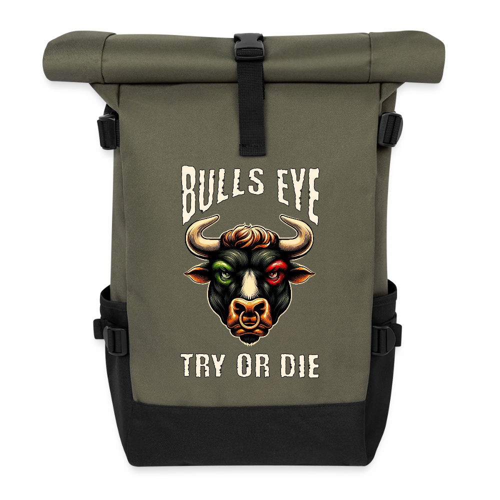 Darts-Rolltop-Rucksack-Motiv "Try or die" - Olive/Schwarz