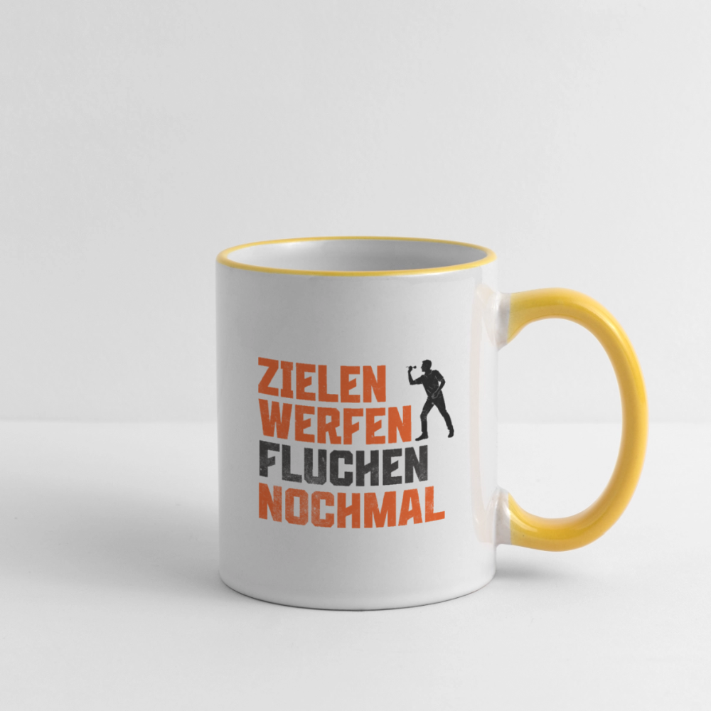 Darts-Tasse zweifarbig Motiv "Dartsfluch" - Weiß/Gelb