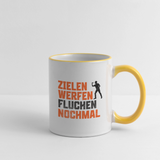Darts-Tasse zweifarbig Motiv "Dartsfluch" - Weiß/Gelb