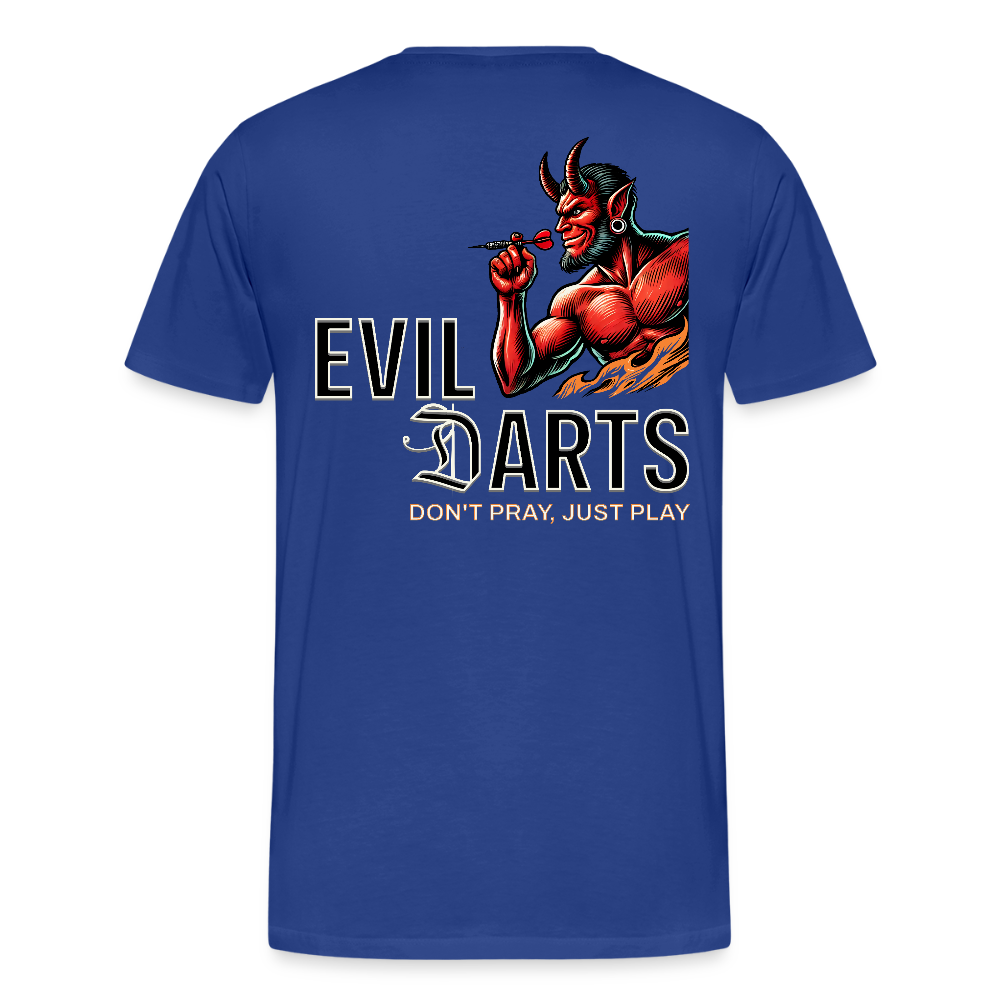 Premium Darts-T-Shirt fuer Maenner Motiv "Don't Pray" (Druck hinten dunkel) - Königsblau