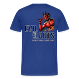 Premium Darts-T-Shirt fuer Maenner Motiv "Don't Pray" (Druck hinten dunkel) - Königsblau