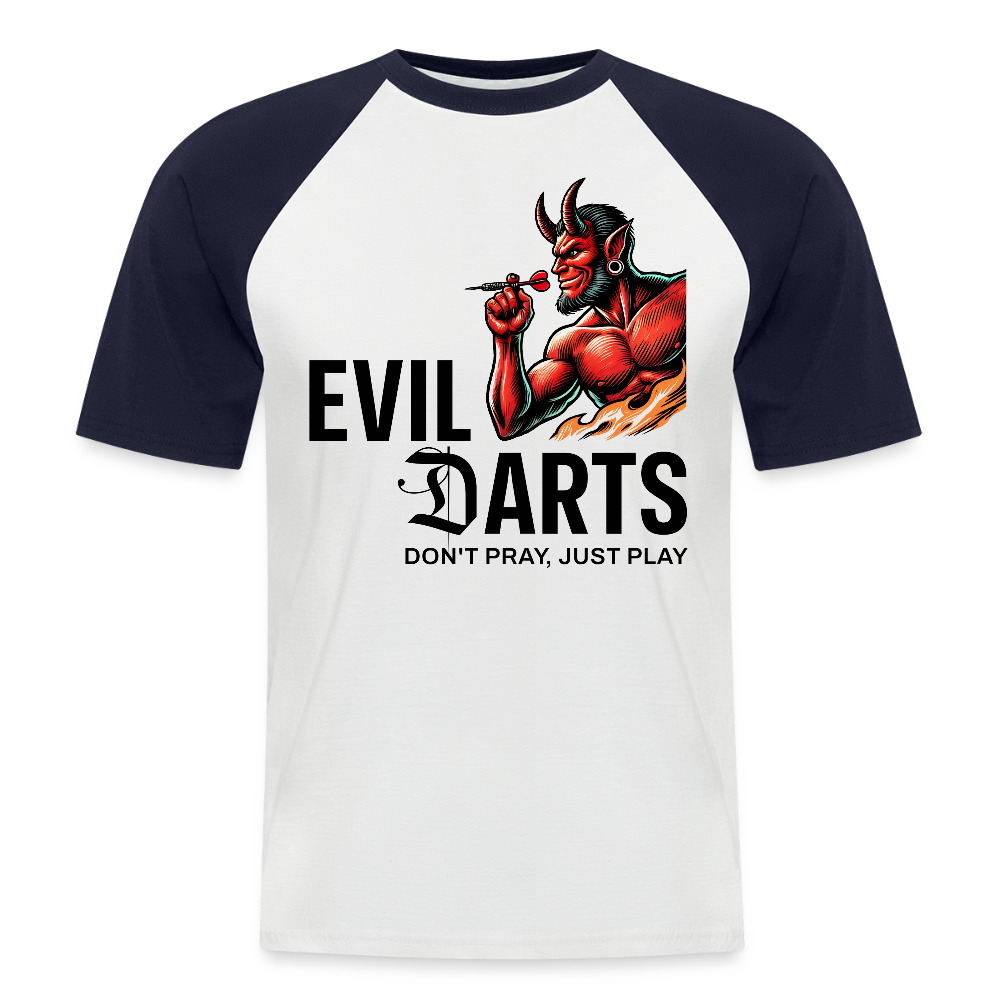 Baseball Darts-T-Shirt fuer Maenner Motiv "Don't Pray" (Druck vorne hell) - Weiß/Navy