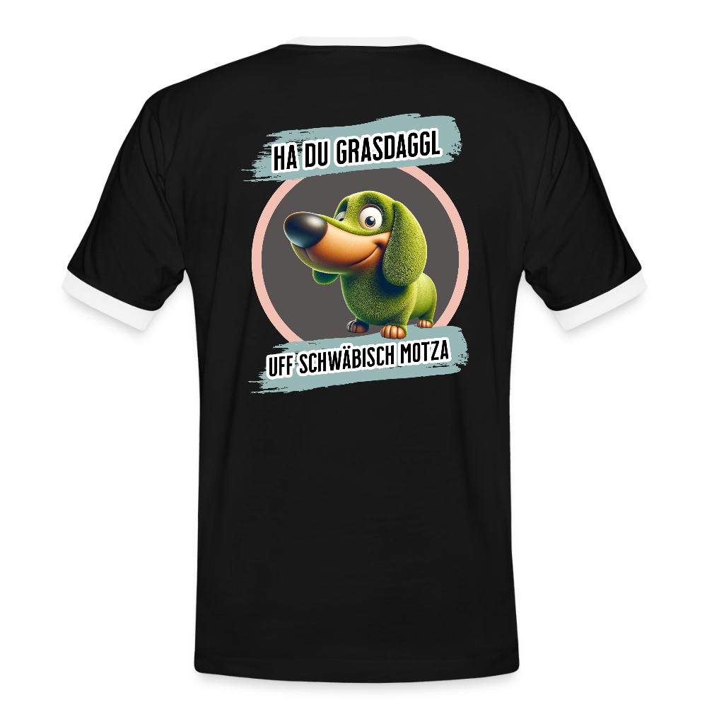 Kontrast Fun T-Shirt fuer Maenner Motiv "Ha du Grasdaggl" (Druck hinten) - Schwarz/Weiß