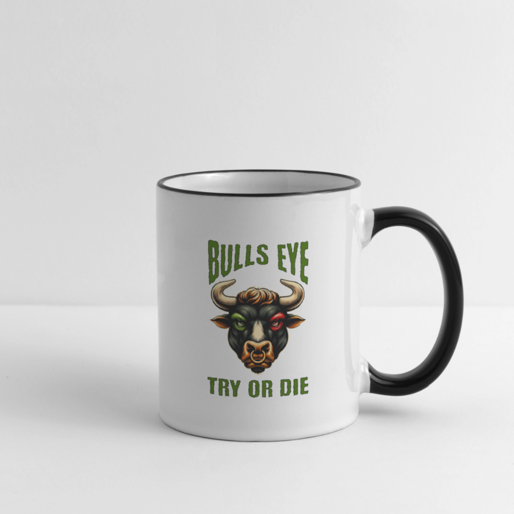 Darts-Tasse zweifarbig Motiv "Try or Die" - Weiß/Schwarz