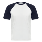 Baseball Darts-T-Shirt fuer Maenner Motiv "Don't Pray" (Druck hinten) - Weiß/Navy