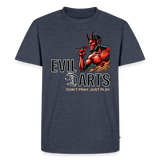 Premium Darts-T-Shirt fuer Maenner Motiv "Don't Pray" (Druck vorne dunkel) - Jeansblau 