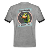 Kontrast Fun T-Shirt fuer Maenner Motiv "Ha du Grasdaggl" (Druck hinten) - Grau meliert/Schwarz