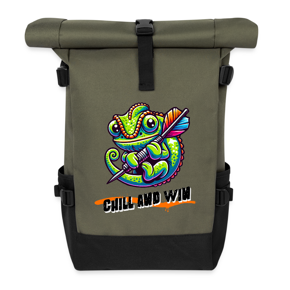 Darts-Rolltop-Rucksack Motiv "Chill and Win" - Olive/Schwarz