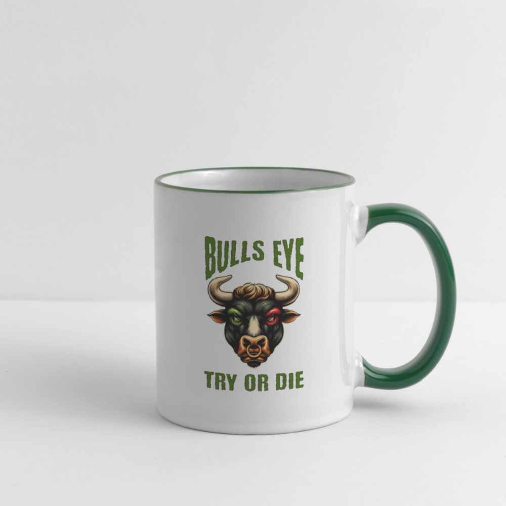 Darts-Tasse zweifarbig Motiv "Try or Die" - Weiß/Dunkelgrün