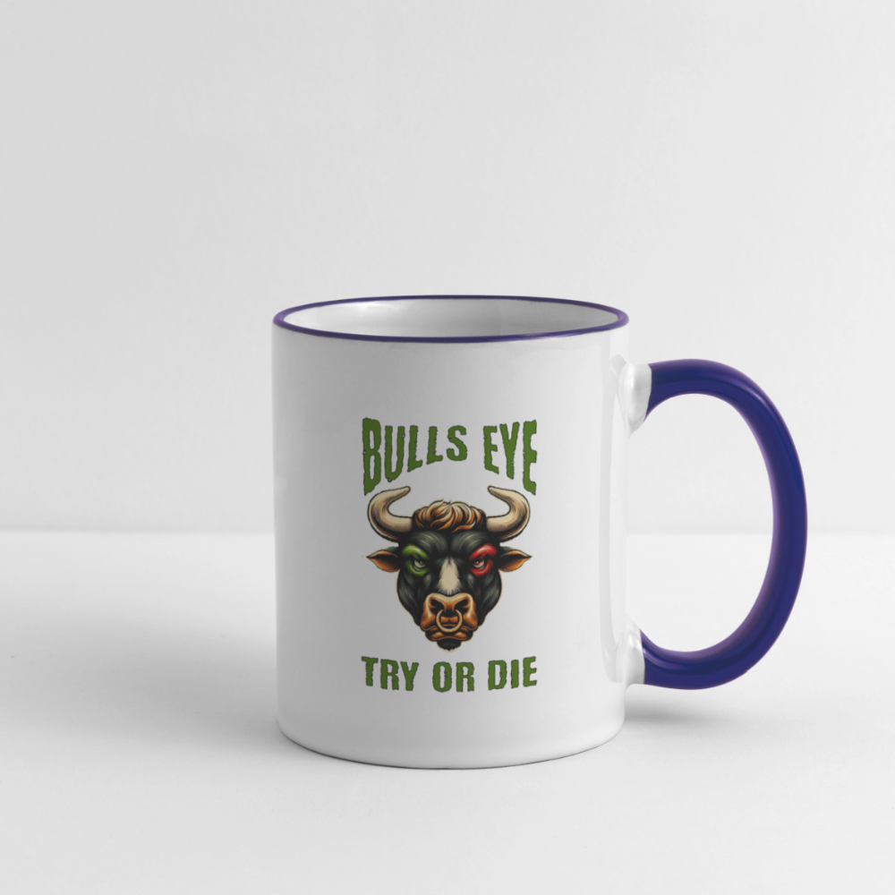 Darts-Tasse zweifarbig Motiv "Try or Die" - Weiß/Kobaltblau