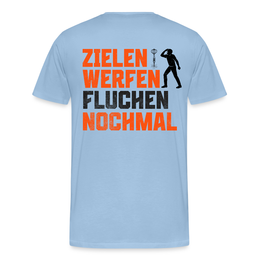 Premium-Darts-T-Shirt Motiv "Dartsfluch" (druck hinten) - Sky