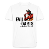 Premium Darts-T-Shirt fuer Maenner Motiv "Don't Pray" (Druck vorne hell) - Weiß