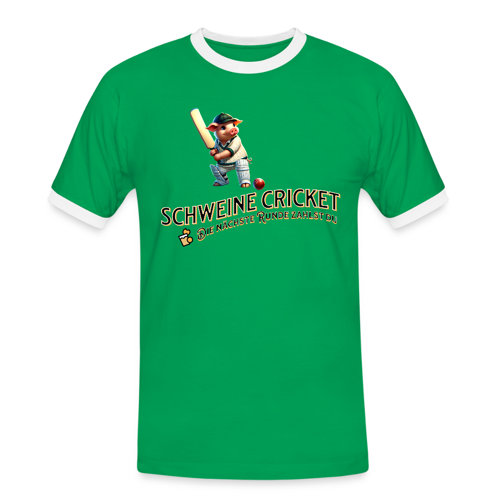 Kontrast-Darts T-Shirt fuer Maenner: Motiv Schweine Cricket (Druck vorne) - Kelly Green/Weiß