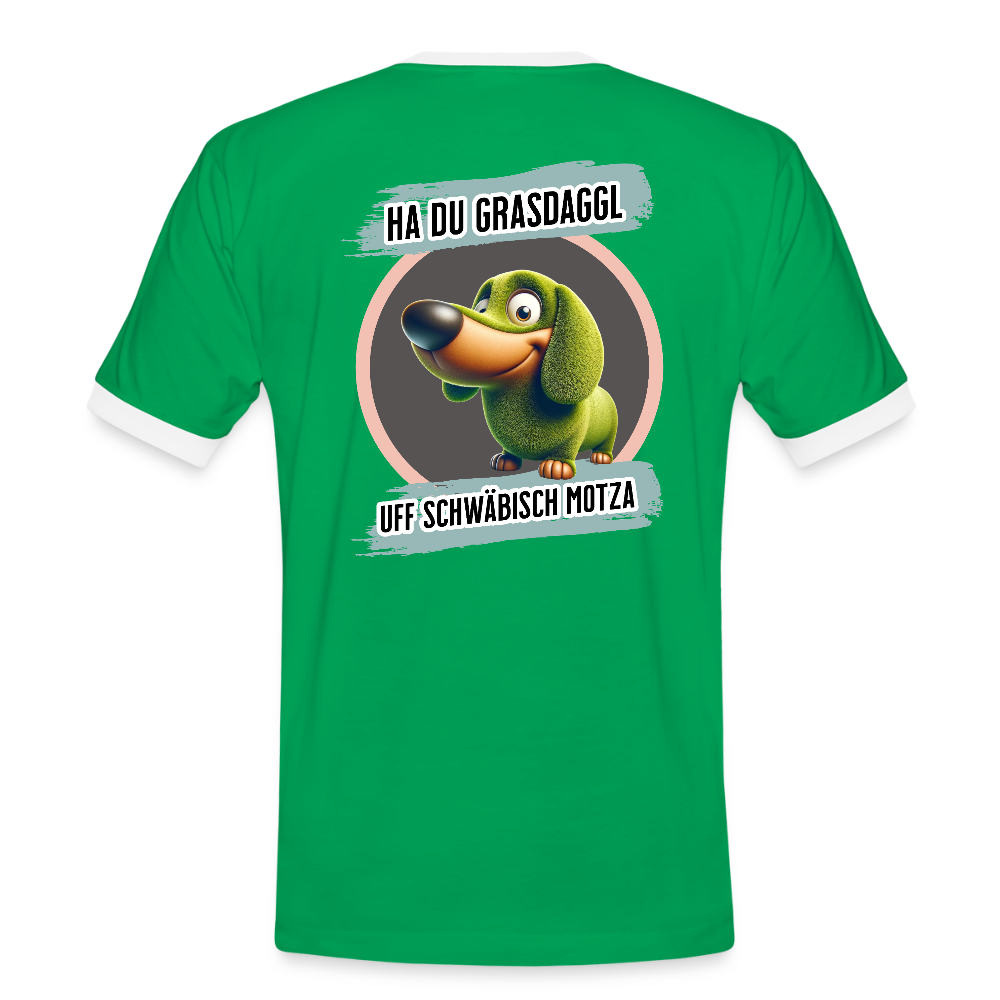 Kontrast Fun T-Shirt fuer Maenner Motiv "Ha du Grasdaggl" (Druck hinten) - Kelly Green/Weiß