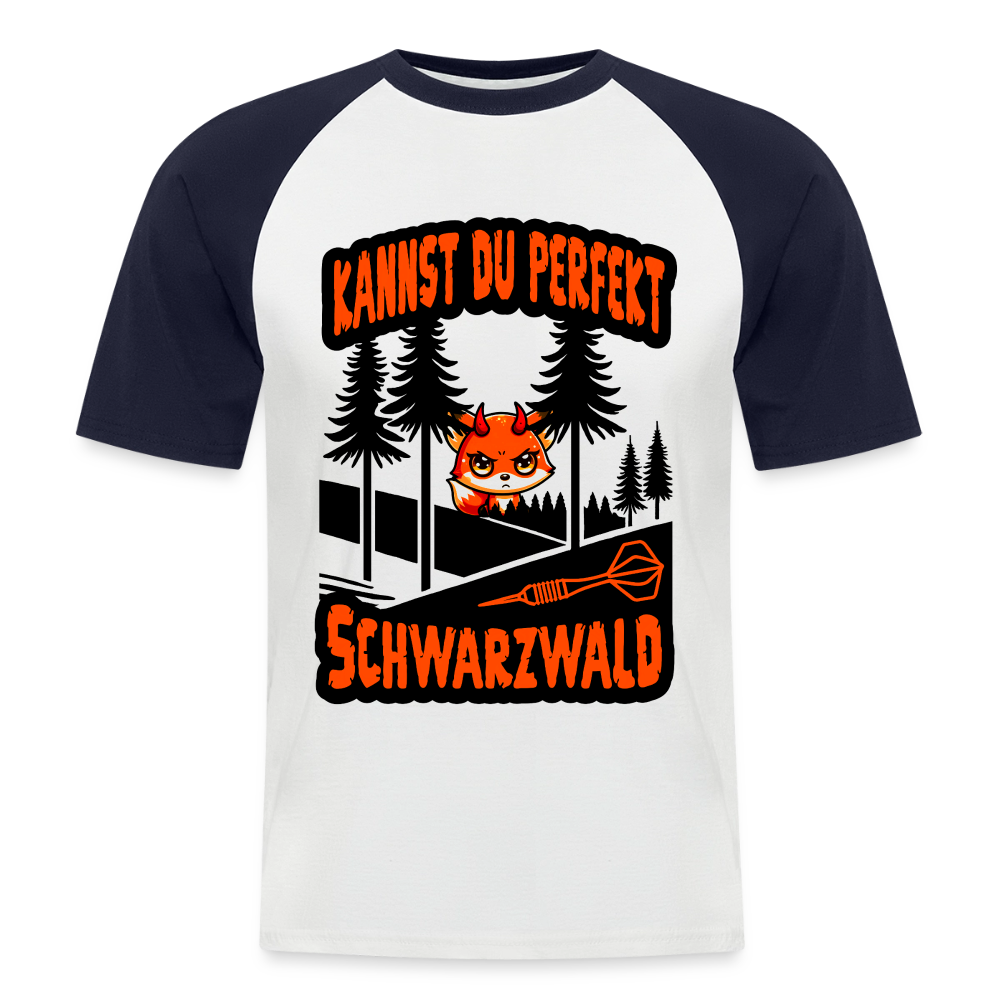 Baseball-Darts-T-Shirt Motiv "Schwarzwald Perfekt" (druck vorne) - Weiß/Navy