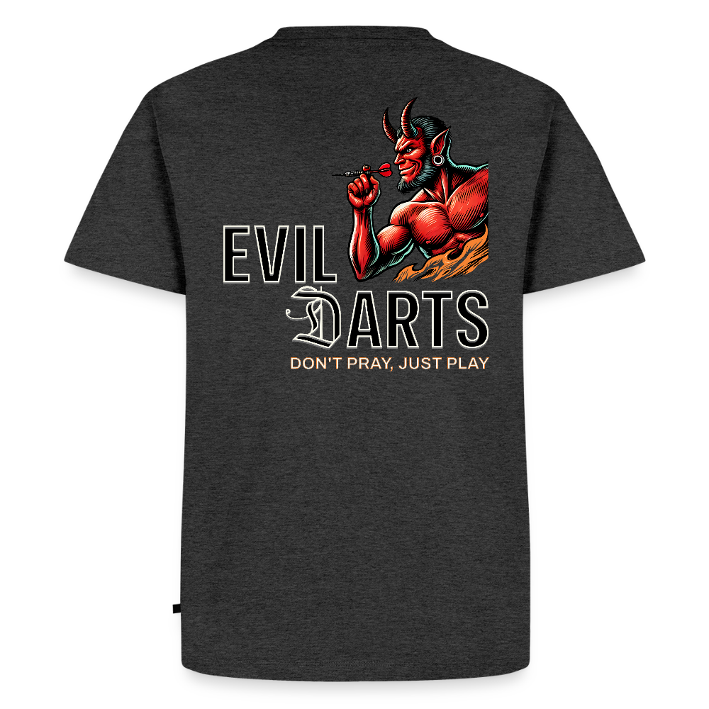 Premium Darts-T-Shirt fuer Maenner Motiv "Don't Pray" (Druck hinten dunkel) - Anthrazit meliert